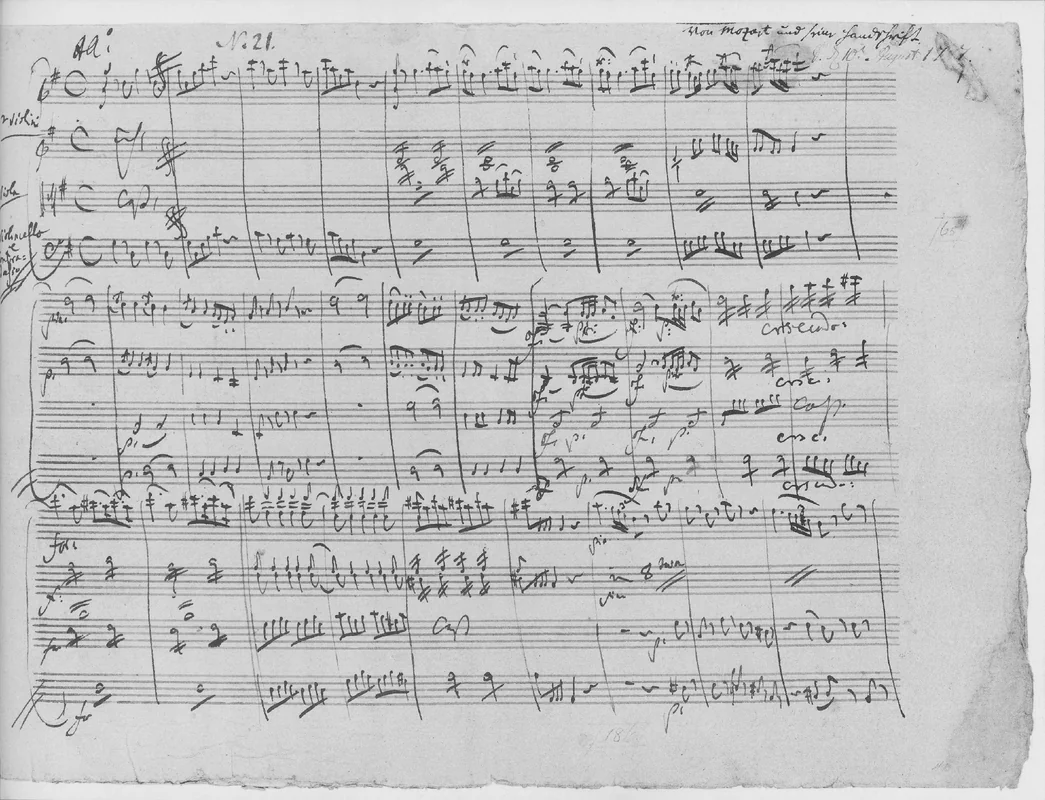 Μια σελίδα από το χειρόγραφο παρτιτούρα του Mozart για το Eine kleine Nachtmusik, K. 525, με πεντάγραμμα και νότες από μελάνι